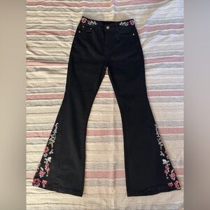Black Flared Jeans with Floral Embroidery By Anna-Kaci